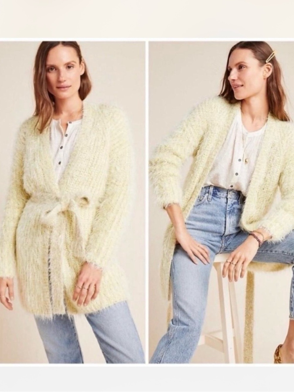 Anthropologie Women’s Pale Yellow Fuzzy Open Cardigan with Tie Size L